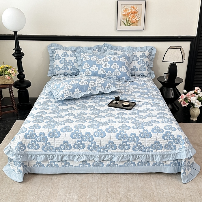 91家纺网 家纺一手货源 找家纺 紫碧螺2025新款多层纱夏被床盖四件套 淡蓝