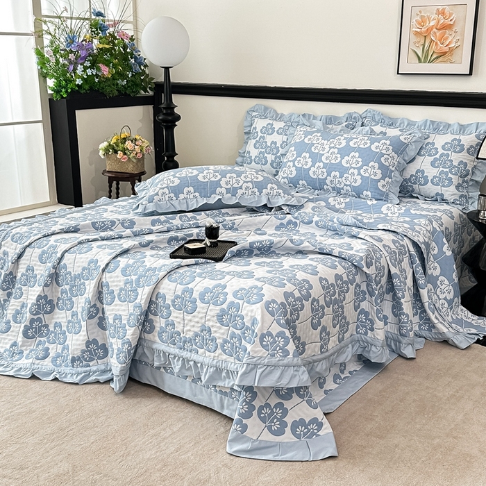 91家纺网 家纺一手货源 找家纺 紫碧螺2025新款多层纱夏被床盖四件套 淡蓝