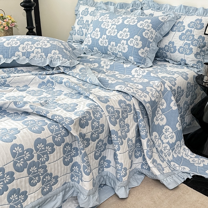 91家纺网 家纺一手货源 找家纺 紫碧螺2025新款多层纱夏被床盖四件套 淡蓝