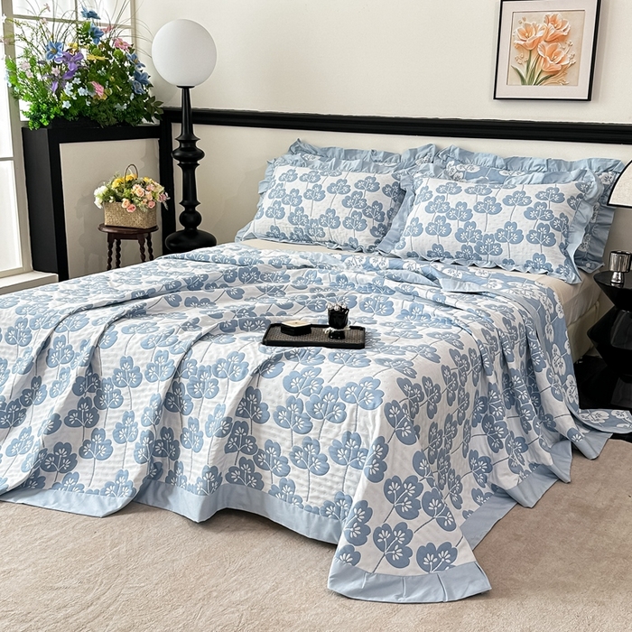 紫碧螺2025新款多层纱夏被床盖四件套 淡蓝