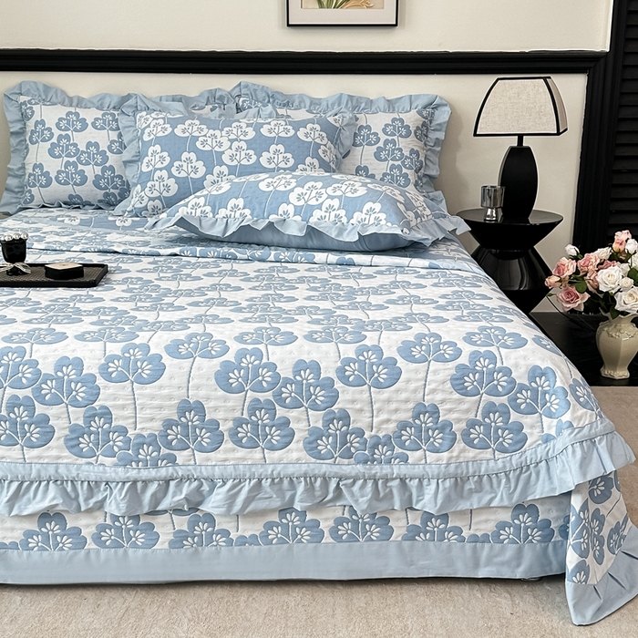 91家纺网 家纺一手货源 找家纺 紫碧螺2025新款多层纱夏被床盖四件套 淡蓝