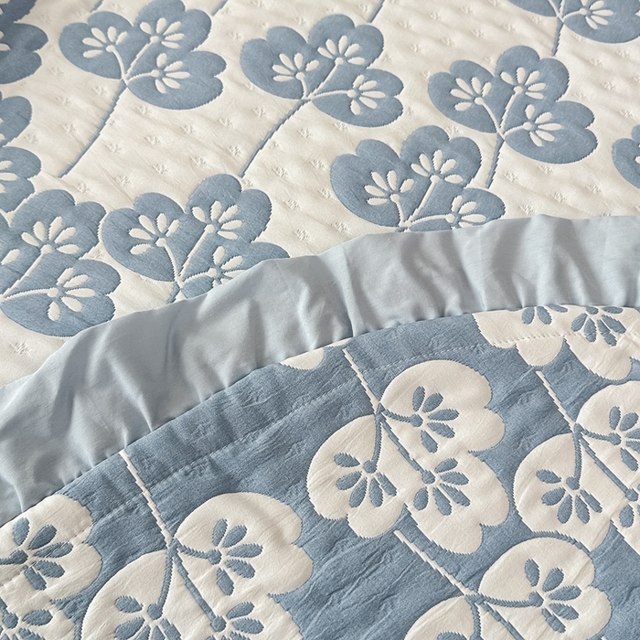 91家纺网 家纺一手货源 找家纺 紫碧螺2025新款多层纱夏被床盖四件套 淡蓝