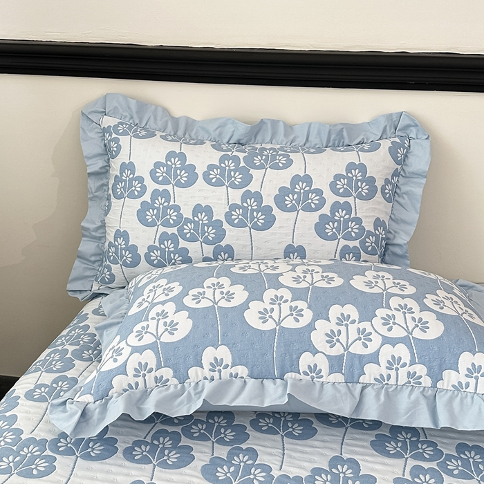 91家纺网 家纺一手货源 找家纺 紫碧螺2025新款多层纱夏被床盖四件套 淡蓝