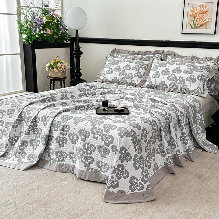 紫碧螺2025新款多层纱夏被床盖四件套 浅灰