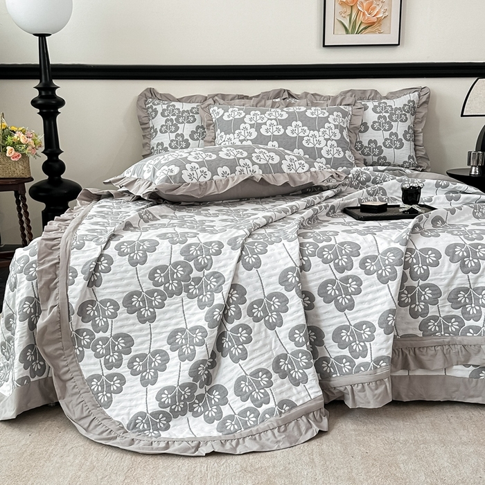 91家纺网 家纺一手货源 找家纺 紫碧螺2025新款多层纱夏被床盖四件套 浅灰