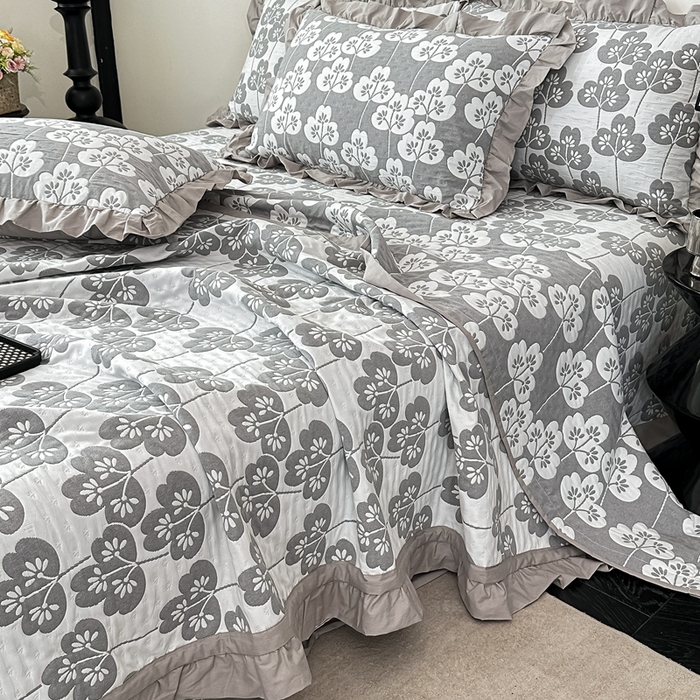 91家纺网 家纺一手货源 找家纺 紫碧螺2025新款多层纱夏被床盖四件套 浅灰