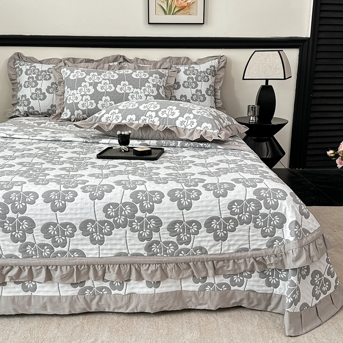 91家纺网 家纺一手货源 找家纺 紫碧螺2025新款多层纱夏被床盖四件套 浅灰