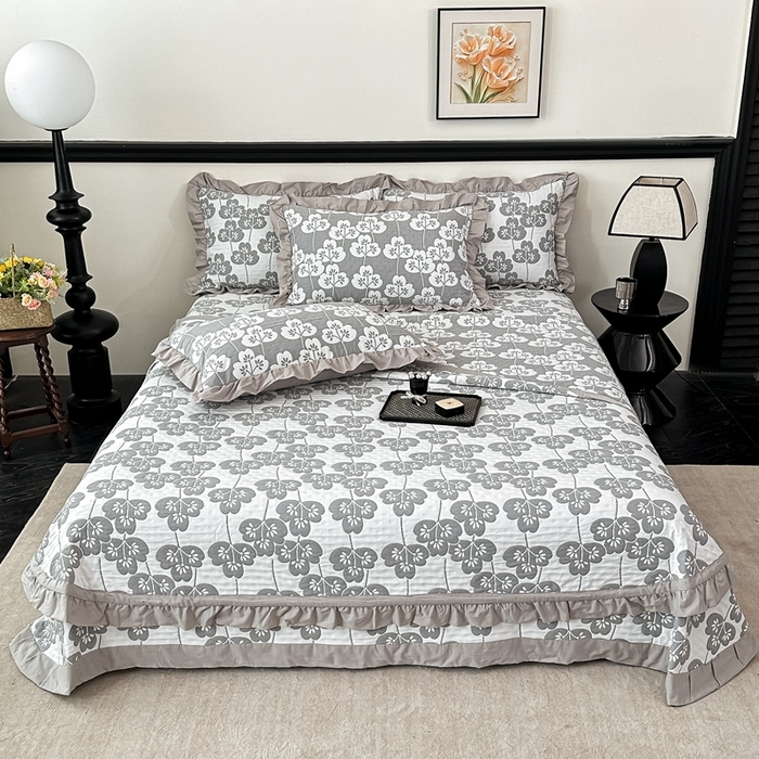 91家纺网 家纺一手货源 找家纺 紫碧螺2025新款多层纱夏被床盖四件套 浅灰