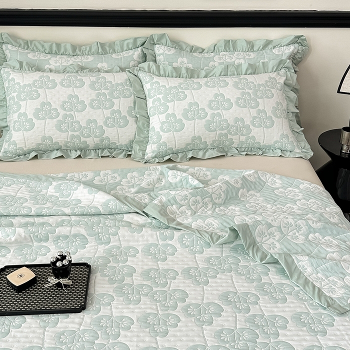 91家纺网 家纺一手货源 找家纺 紫碧螺2025新款多层纱夏被床盖四件套 浅绿