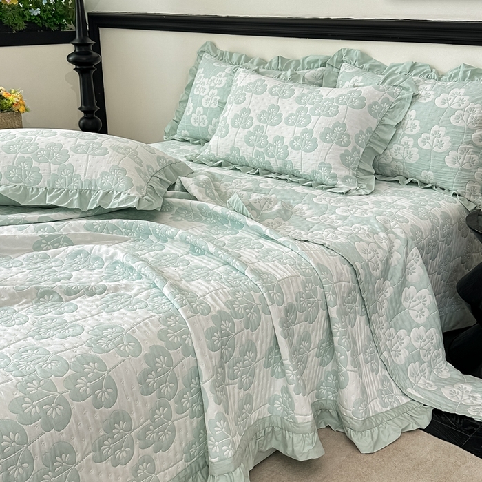 91家纺网 家纺一手货源 找家纺 紫碧螺2025新款多层纱夏被床盖四件套 浅绿