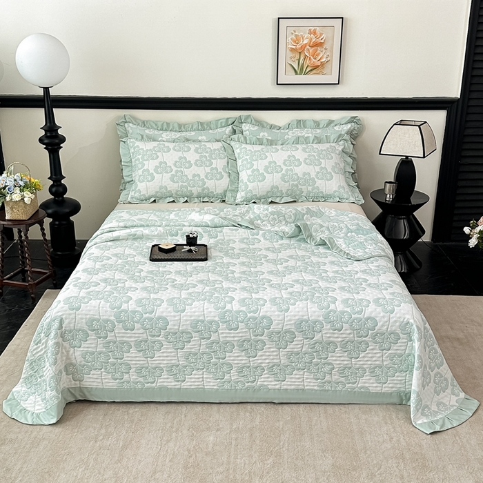 91家纺网 家纺一手货源 找家纺 紫碧螺2025新款多层纱夏被床盖四件套 浅绿