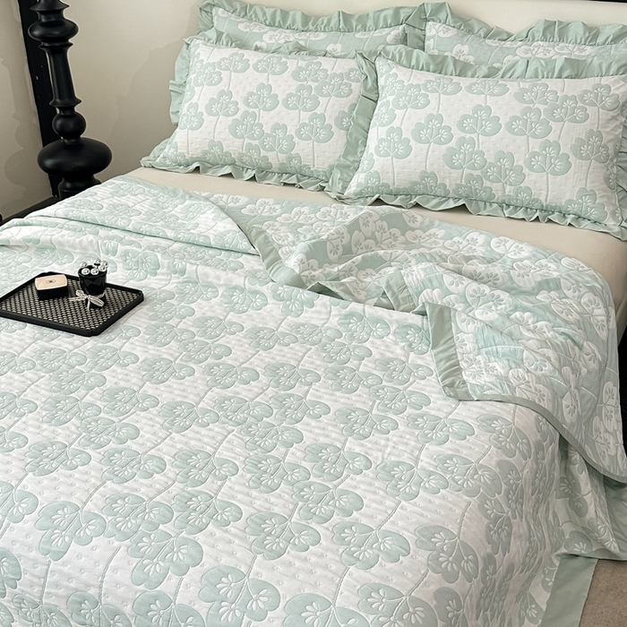 91家纺网 家纺一手货源 找家纺 紫碧螺2025新款多层纱夏被床盖四件套 浅绿