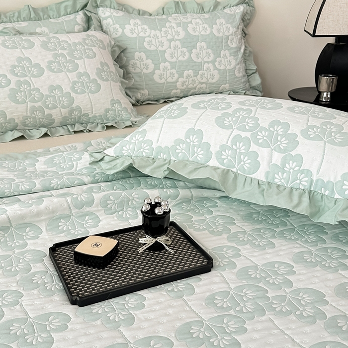 91家纺网 家纺一手货源 找家纺 紫碧螺2025新款多层纱夏被床盖四件套 浅绿