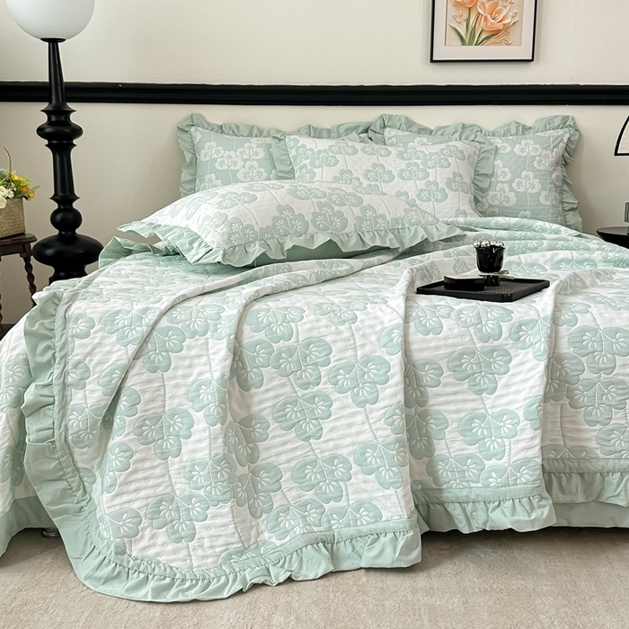 91家纺网 家纺一手货源 找家纺 紫碧螺2025新款多层纱夏被床盖四件套 浅绿