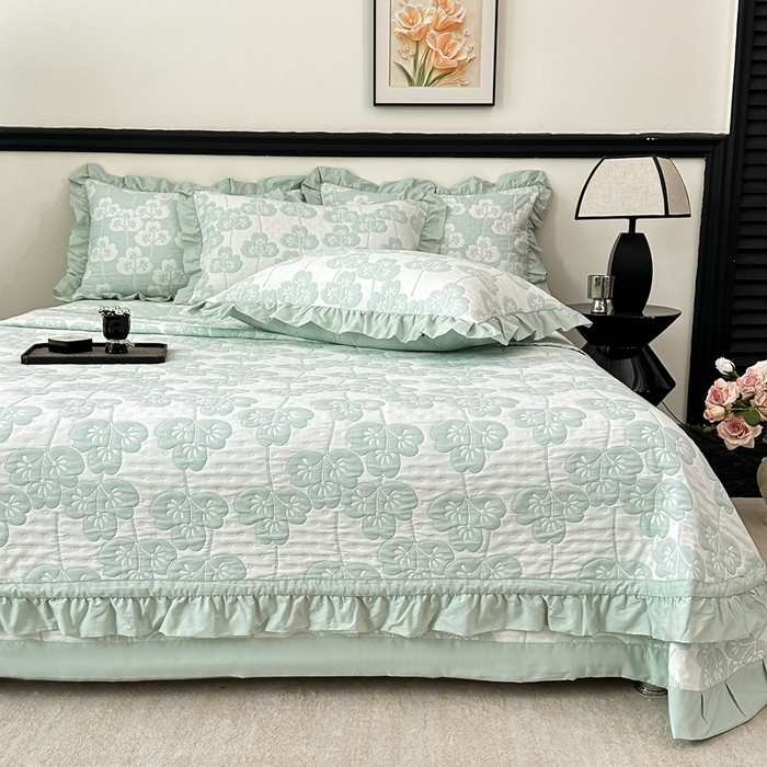 91家纺网 家纺一手货源 找家纺 紫碧螺2025新款多层纱夏被床盖四件套 浅绿