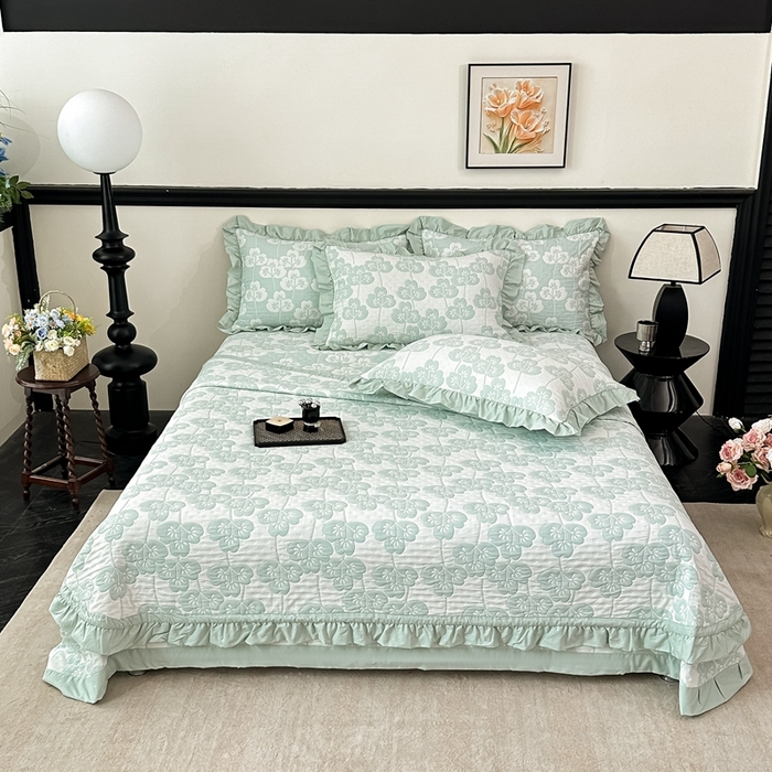 91家纺网 家纺一手货源 找家纺 紫碧螺2025新款多层纱夏被床盖四件套 浅绿