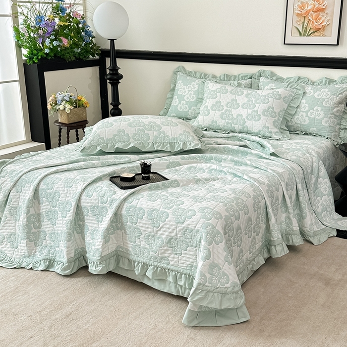 91家纺网 家纺一手货源 找家纺 紫碧螺2025新款多层纱夏被床盖四件套 浅绿