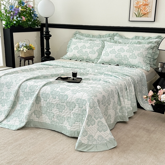 紫碧螺2025新款多层纱夏被床盖四件套 浅绿