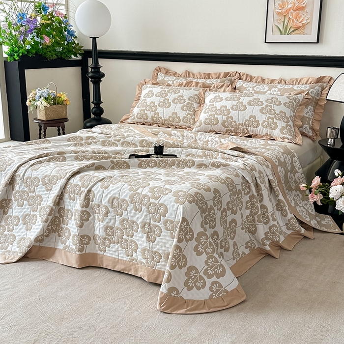 紫碧螺2025新款多层纱夏被床盖四件套 浅驼