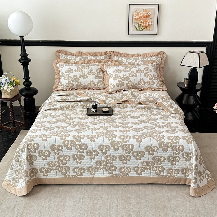 91家纺网 家纺一手货源 找家纺 紫碧螺2025新款多层纱夏被床盖四件套 浅驼