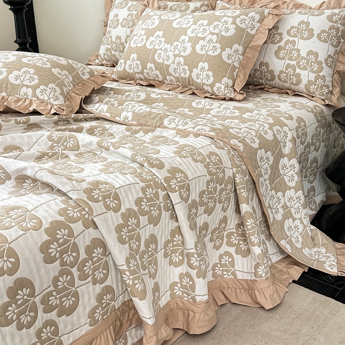 91家纺网 家纺一手货源 找家纺 紫碧螺2025新款多层纱夏被床盖四件套 浅驼