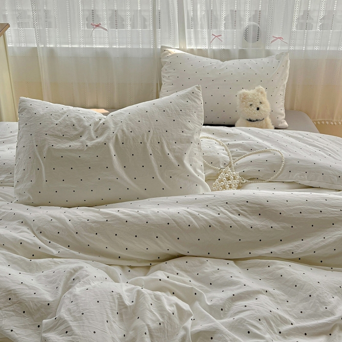 91家纺网 家纺一手货源 找家纺 朵朵家纺2025直播云感床单款三四件套水洗简约风小碎花被套床笠三四件套 波点白