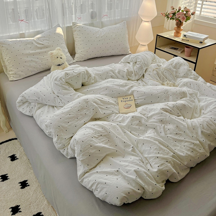 91家纺网 家纺一手货源 找家纺 朵朵家纺2025直播云感床单款三四件套水洗简约风小碎花被套床笠三四件套 波点白