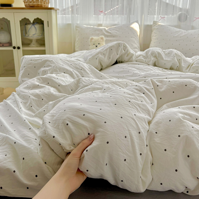 朵朵家纺2025直播云感床单款三四件套水洗简约风小碎花被套床笠三四件套 波点白