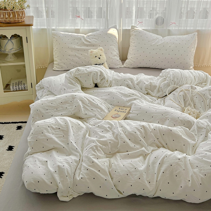 91家纺网 家纺一手货源 找家纺 朵朵家纺2025直播云感床单款三四件套水洗简约风小碎花被套床笠三四件套 波点白