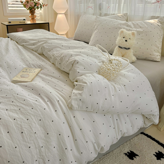 91家纺网 家纺一手货源 找家纺 朵朵家纺2025直播云感床单款三四件套水洗简约风小碎花被套床笠三四件套 波点白