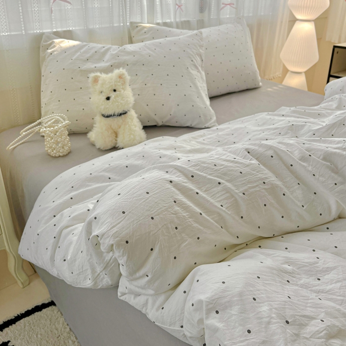 91家纺网 家纺一手货源 找家纺 朵朵家纺2025直播云感床单款三四件套水洗简约风小碎花被套床笠三四件套 波点白