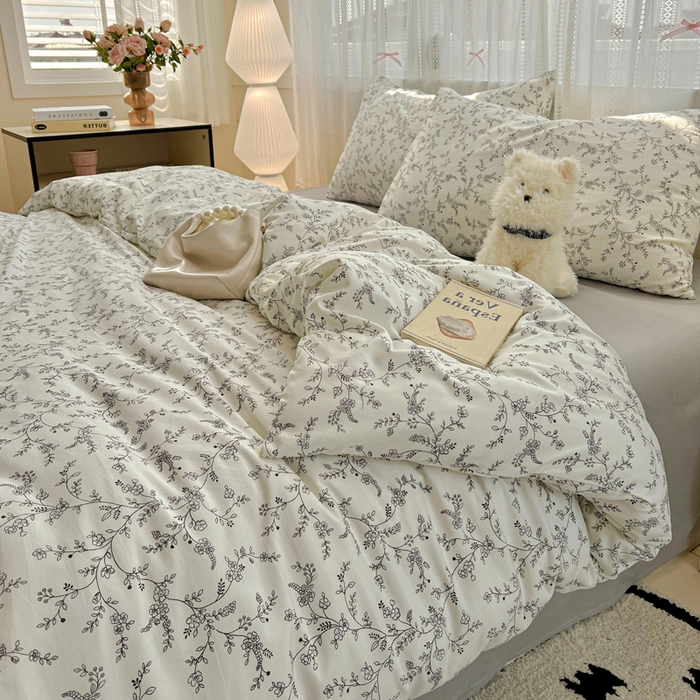 91家纺网 家纺一手货源 找家纺 朵朵家纺2025直播云感床单款三四件套水洗简约风小碎花被套床笠三四件套 枝叶