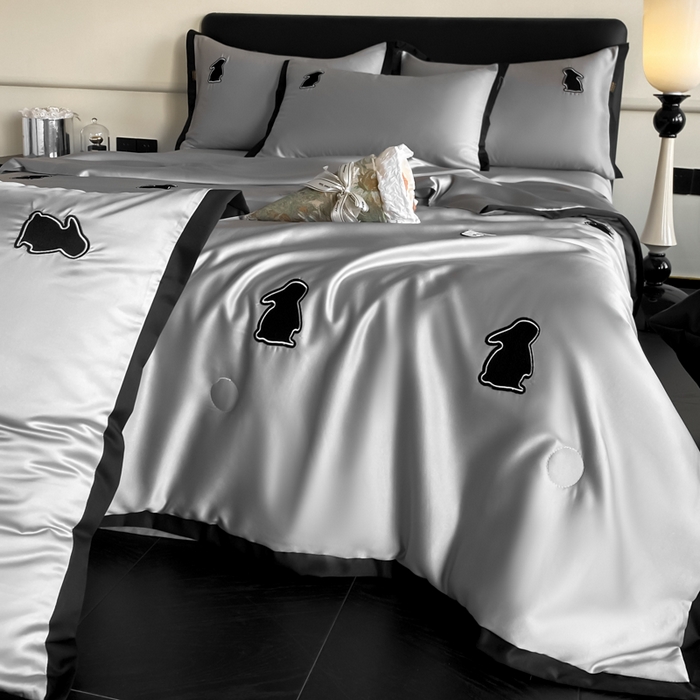 红嘴企鹅 2025新款冰丝夏被夏凉被空调被四件套-浪漫兔 浪漫兔-深灰