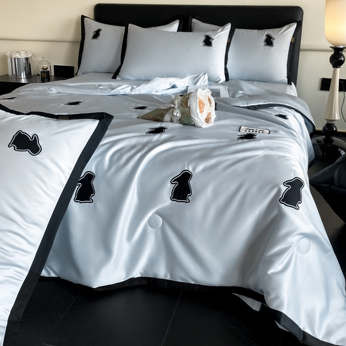 红嘴企鹅 2025新款冰丝夏被夏凉被空调被四件套-浪漫兔 浪漫兔-蓝色