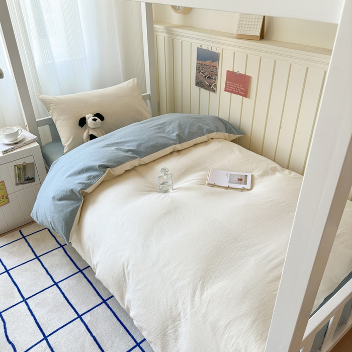 91家纺网 家纺一手货源 找家纺 玖弘家居 2025新款全棉纯棉色织水洗棉学生宿舍三件套四件套上下铺三件套奶白蓝