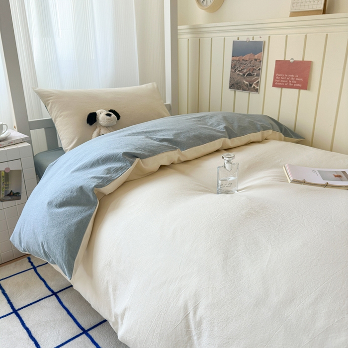 91家纺网 家纺一手货源 找家纺 玖弘家居 2025新款全棉纯棉色织水洗棉学生宿舍三件套四件套上下铺三件套奶白蓝