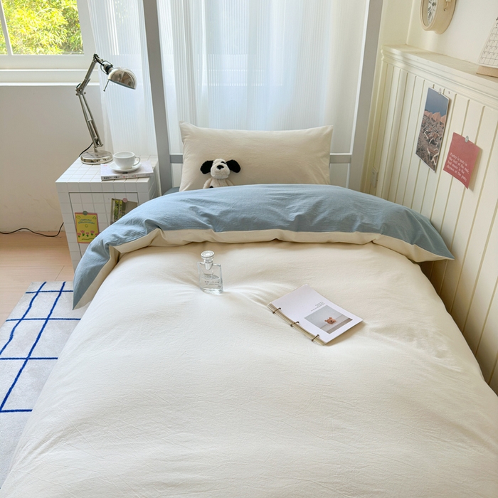 91家纺网 家纺一手货源 找家纺 玖弘家居 2025新款全棉纯棉色织水洗棉学生宿舍三件套四件套上下铺三件套奶白蓝