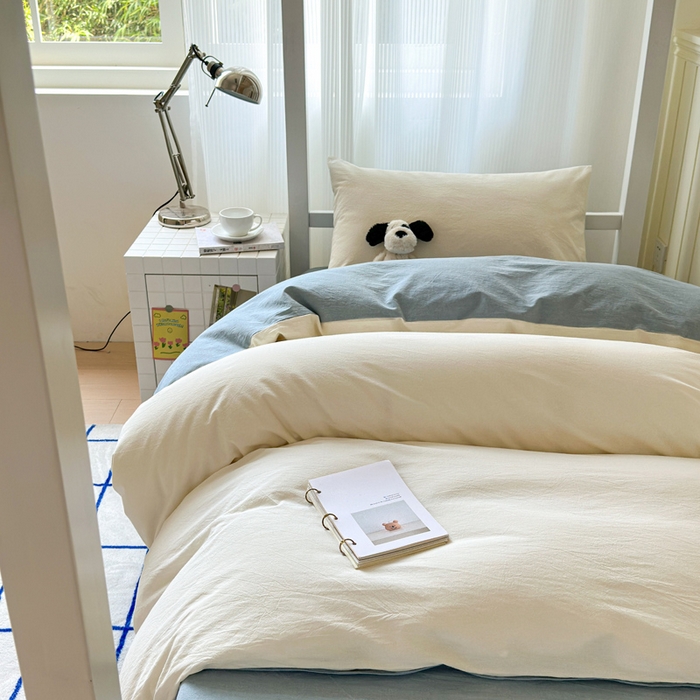 91家纺网 家纺一手货源 找家纺 玖弘家居 2025新款全棉纯棉色织水洗棉学生宿舍三件套四件套上下铺三件套奶白蓝