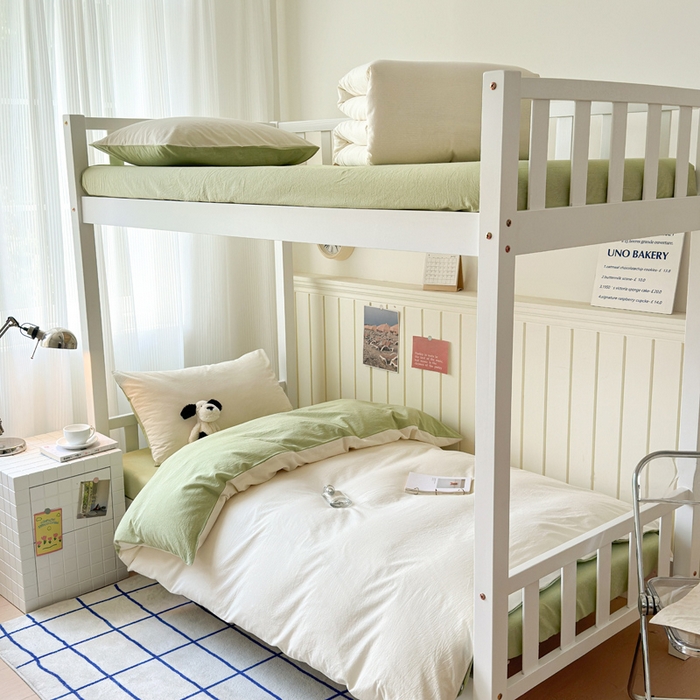 91家纺网 家纺一手货源 找家纺 玖弘家居 2025新款全棉纯棉色织水洗棉学生宿舍三件套四件套上下铺三件套奶白绿