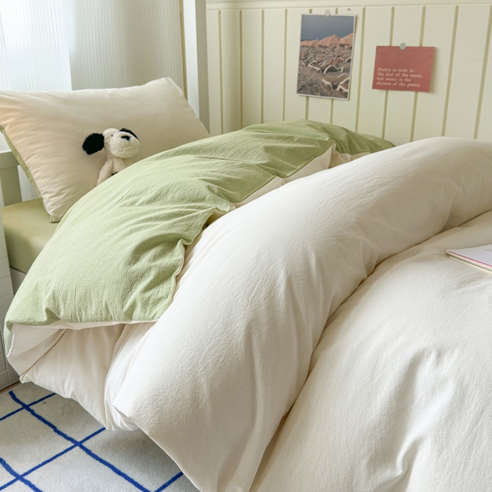 91家纺网 家纺一手货源 找家纺 玖弘家居 2025新款全棉纯棉色织水洗棉学生宿舍三件套四件套上下铺三件套奶白绿