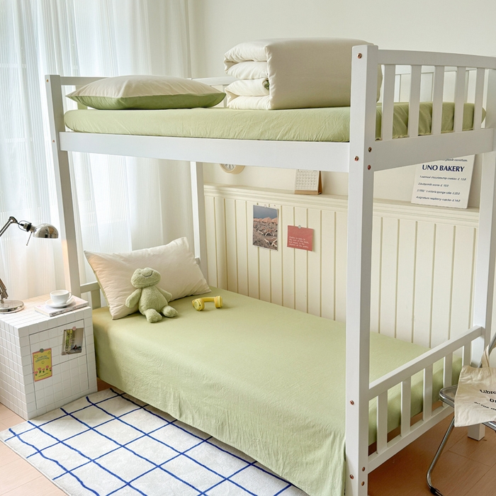 91家纺网 家纺一手货源 找家纺 玖弘家居 2025新款全棉纯棉色织水洗棉学生宿舍三件套四件套上下铺三件套奶白绿