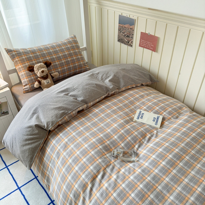 91家纺网 家纺一手货源 找家纺 玖弘家居 2025新款全棉纯棉色织水洗棉学生宿舍三件套四件套上下铺三件套映像格灰