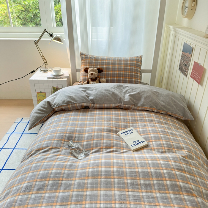 91家纺网 家纺一手货源 找家纺 玖弘家居 2025新款全棉纯棉色织水洗棉学生宿舍三件套四件套上下铺三件套映像格灰