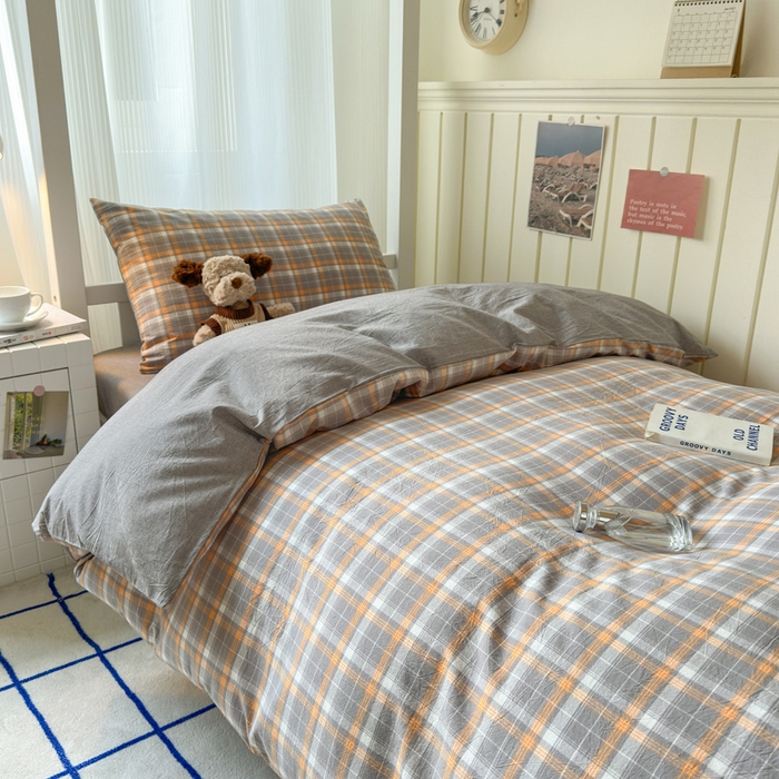 91家纺网 家纺一手货源 找家纺 玖弘家居 2025新款全棉纯棉色织水洗棉学生宿舍三件套四件套上下铺三件套映像格灰