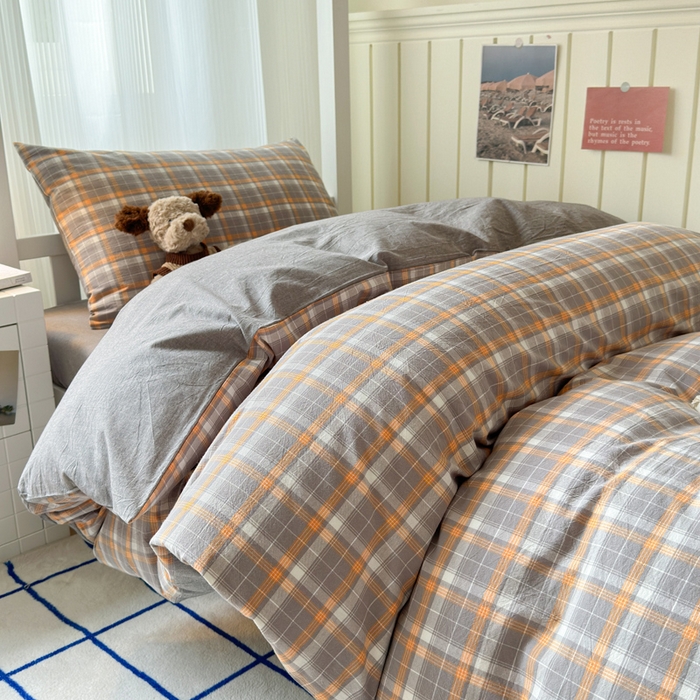 91家纺网 家纺一手货源 找家纺 玖弘家居 2025新款全棉纯棉色织水洗棉学生宿舍三件套四件套上下铺三件套映像格灰