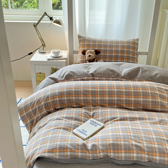 91家纺网 家纺一手货源 找家纺 玖弘家居 2025新款全棉纯棉色织水洗棉学生宿舍三件套四件套上下铺三件套映像格灰