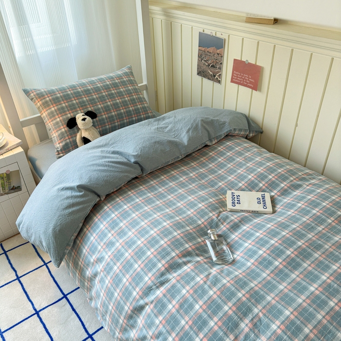 91家纺网 家纺一手货源 找家纺 玖弘家居 2025新款全棉纯棉色织水洗棉学生宿舍三件套四件套上下铺三件套映像格蓝