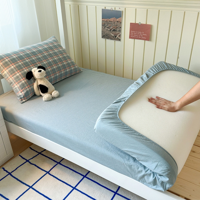 91家纺网 家纺一手货源 找家纺 玖弘家居 2025新款全棉纯棉色织水洗棉学生宿舍三件套四件套上下铺三件套映像格蓝