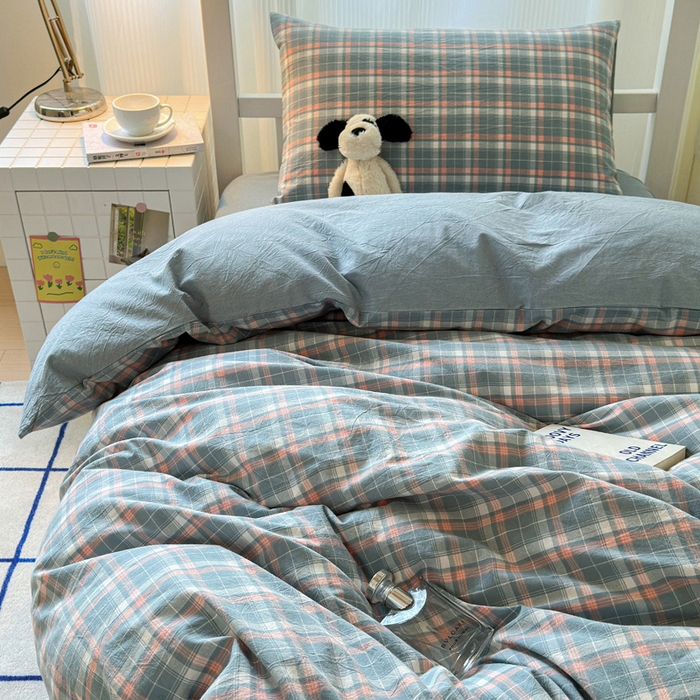 91家纺网 家纺一手货源 找家纺 玖弘家居 2025新款全棉纯棉色织水洗棉学生宿舍三件套四件套上下铺三件套映像格蓝