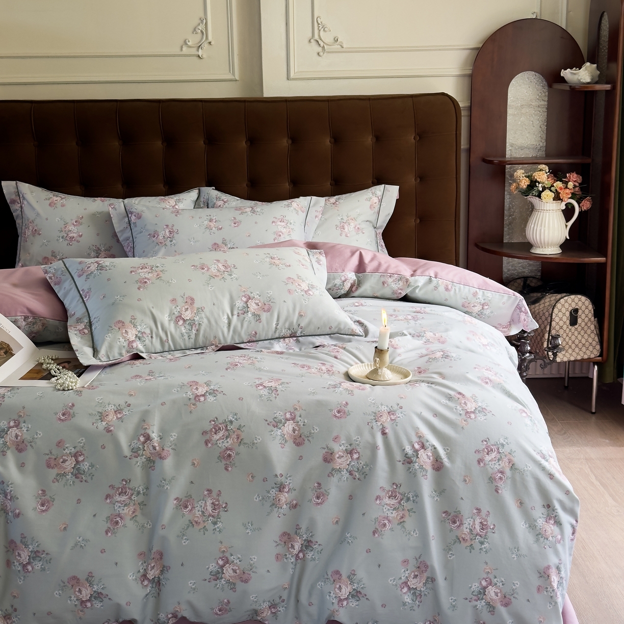 91家纺网 家纺一手货源 找家纺 由丽家纺 2025新款亲肤舒适全棉纯棉臻棉数码印花四件套系列 金溪-灰